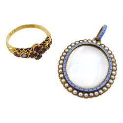 Early 20th century gold enamel and seed pearl glazed oval frame pendant and a Victorian 15ct gold amethyst and grey pearl ring, Birmingham 1875