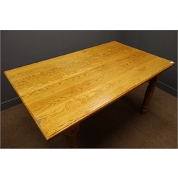  Royal Oak Furniture 'Yorkshire Rose' light oak rectangular dining table with Rose signature, turned supports, W91cm, H76cm, L153cm  