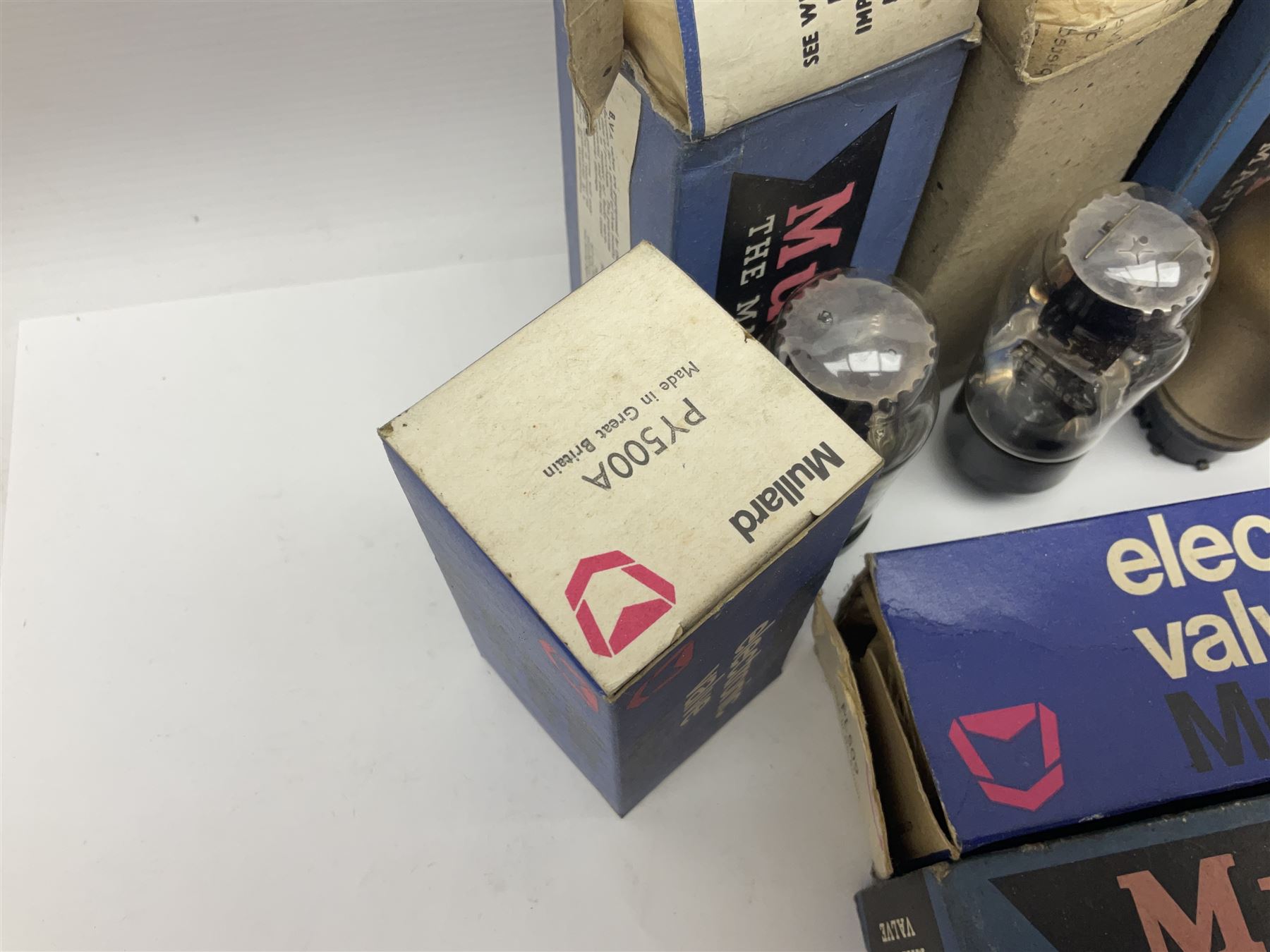 Collection of Mullard thermionic radio valves/vacuum tubes, including PY31, AMERTY 24A, FC13, CY1, AZ1 approximately 39 as per list, mostly boxed