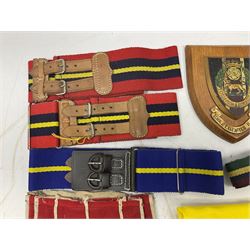 Miscellaneous militaria including two Royal Artillery and one Royal Horse Artillery stable belts; Northamptonshire Regiment trench art brass shell case lighter; unused Matchless Fire-Set; pocket knives and multi-tool; lanyards; oak shield with York & Lancaster crest etc
