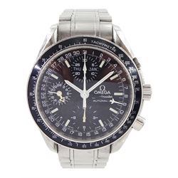 Omega Speedmaster gentleman's stainless steel automatic triple date automatic wristwatch, black dial with subsidereary dials, tachymeter scale bezel, on Omega stainless steel bracelet, with fold-over clasp