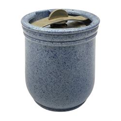 Royal Doulton Stoneware jar with blue mottled glaze and metal swivel patented mechanism to lid, with impressed mark beneath, H15cm