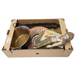 Collection of Indian Dokhra figures, horse brasses, painted Burmese figure, ammonite fossils etc