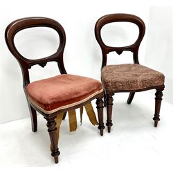 Pair Victorian mahogany balloon back dining chairs, upholstered seat, turned supports