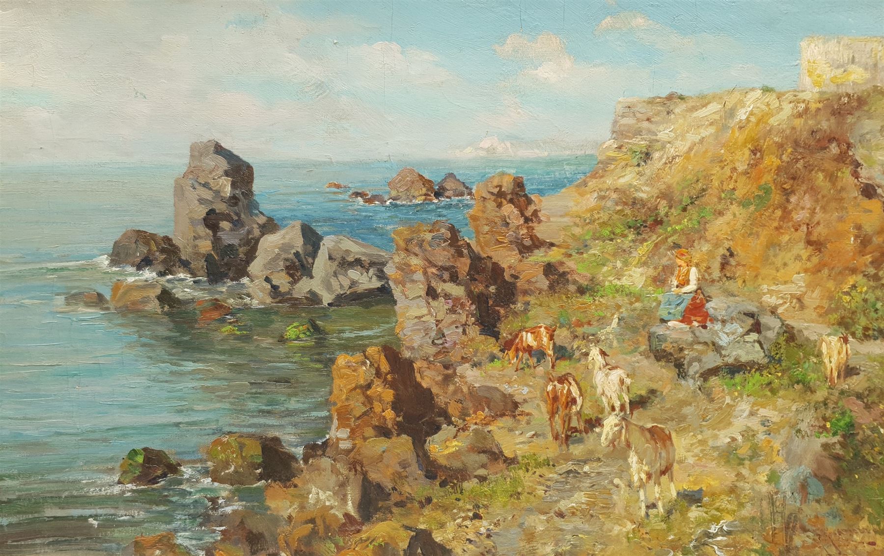 Giuseppe Giardiello (Italian 1877-1920): Girl with Goats on a Rocky Coast, oil on board signed 33cm x 51cm