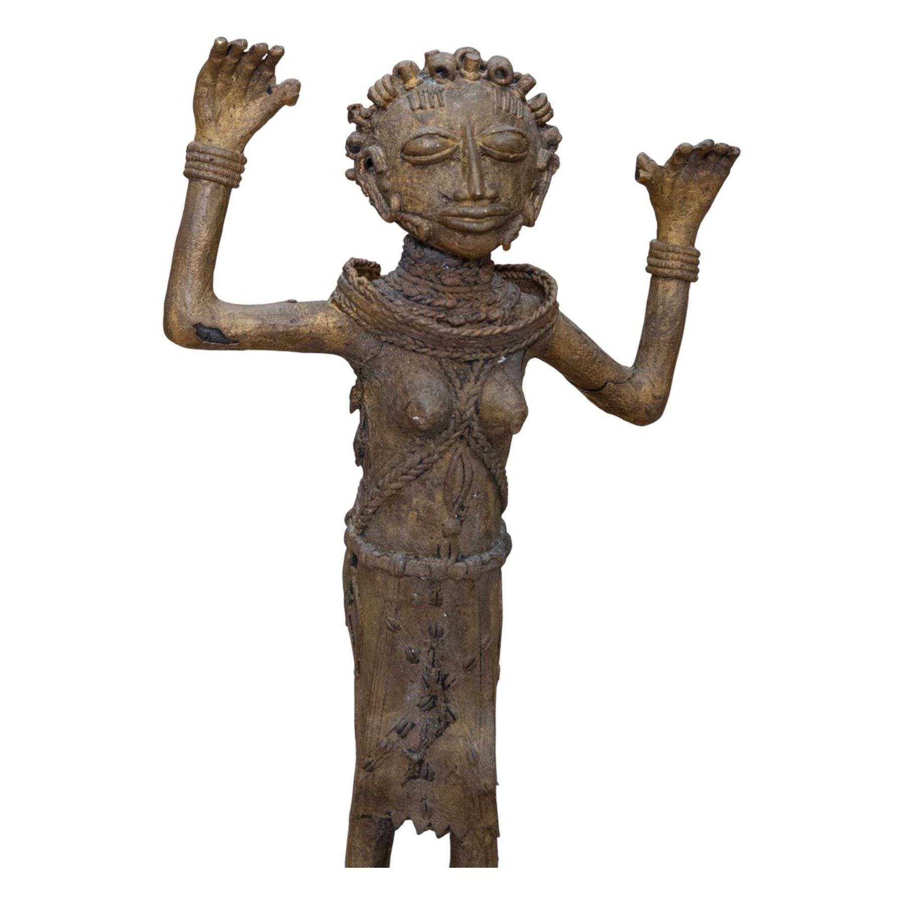 Pair of Benin bronze statures, modelled as a male and female, with armed raised, upon a square base, H76cm