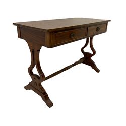 Late 19th century mahogany two drawer stretcher table, on lyre shaped supports joined by turned stretcher 