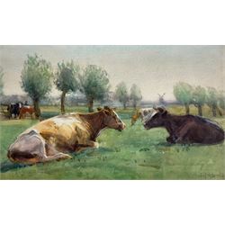 John Atkinson (Staithes Group 1863-1924): Cattle Resting in Pasture, watercolour signed 22cm x 37cm
