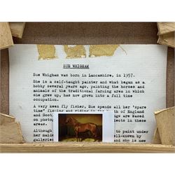 Sue Whigham (British 1957-): Bay Horse in Stable Interior, oil on canvas signed 7.5cm x 23.5cm