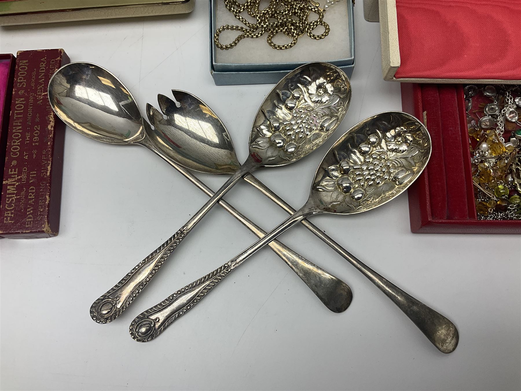Edwardian silver facsimile coronation spoon, hallmarked Gourdel Vales & Co, Birmingham 1901, EPNS serving spoons, coins and a collection of vintage and later costume jewellery