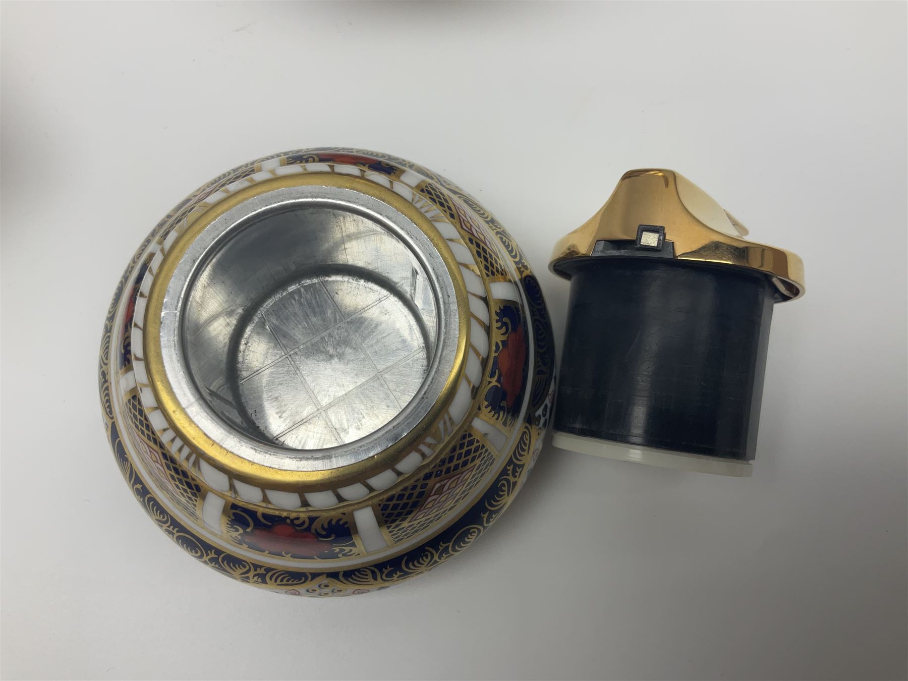 Royal Crown Derby Old Imari pattern vase, together with matching lighter and trinket box, all with printed marks beneath, vase H18cm