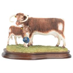 Border Fine Arts Longhorn Cow and Calf, model B0993, on wooden base with certificate