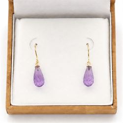 Pair of 9ct gold briolette cut amethyst pendant earrings, stamped 375