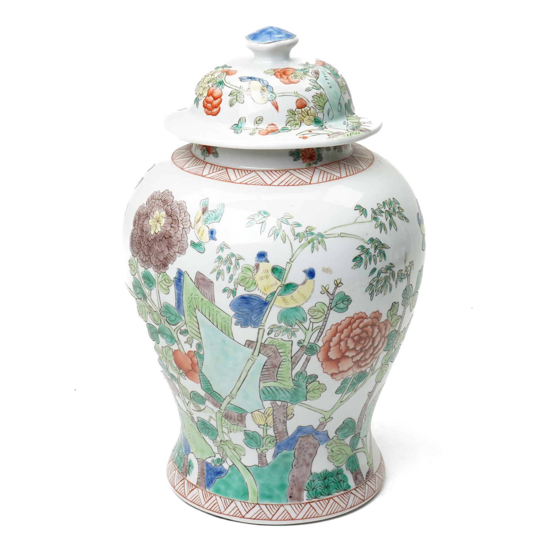 Chinese famille verte jar and cover, painted with traditional foliage and birds, Republic period, four character mark to base, H43cm 
