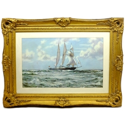After Montague Dawson (British 1895-1973): 'In Full Sail, the Training Ship Sir Winston Churchill', colour print in heavy gilt frame 48cm x 78cm