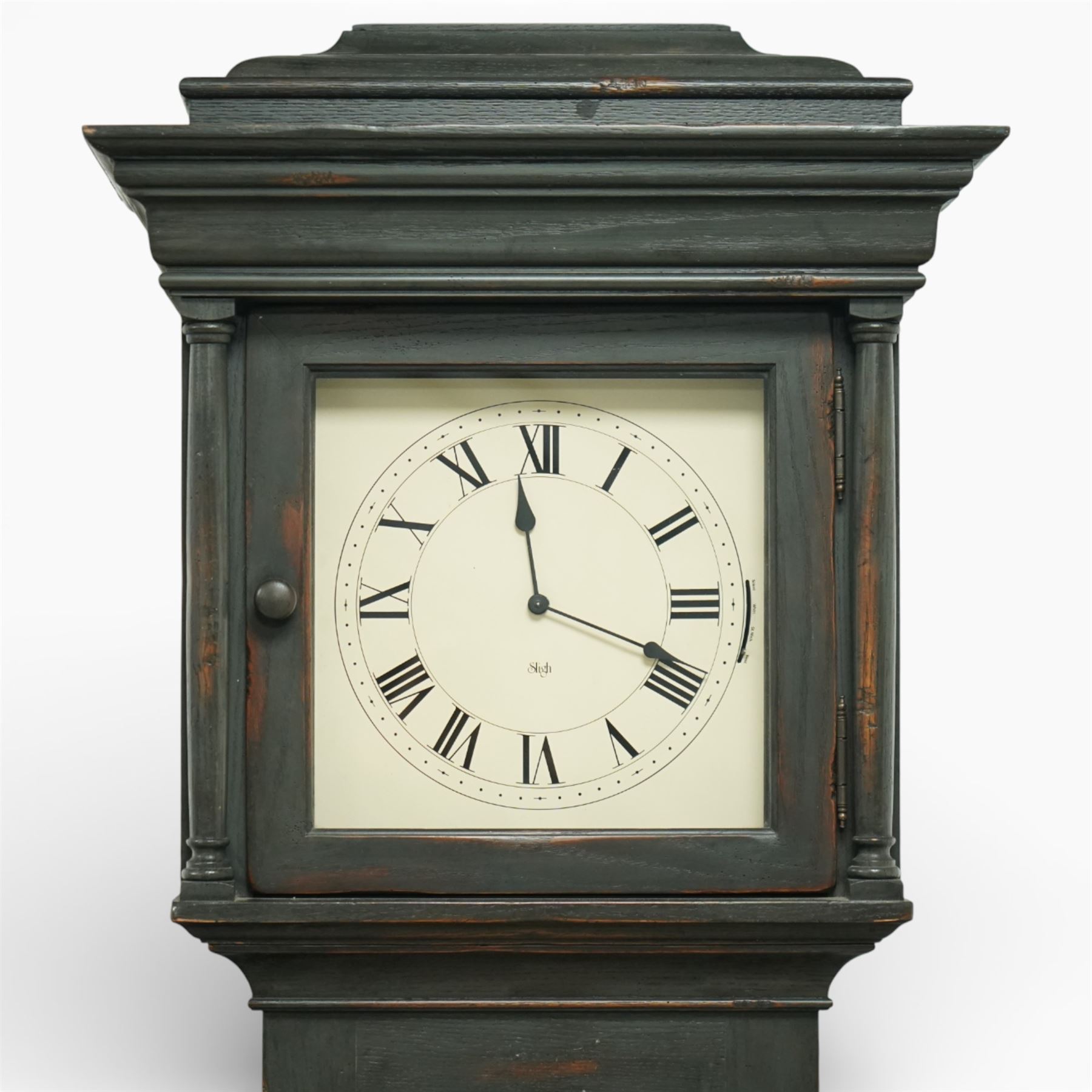 20th century Sligh longcase clock, the painted rectangular case with stepped and moulded hood enclosing a square painted dial with Roman numerals and spade hands, the trunk with single panelled door and moulded plinth base, the eight day weight driven movement with brass plates, chain driven train, anchor escapement and outside countwheel striking mechanism, issuing on a series of tuned rods with pendulum and brass cased weights
