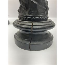 Pair of spelter figures, Le Force and Le Pouvoir, modeled as figures standing on lions, arms held aloft, H51cm 