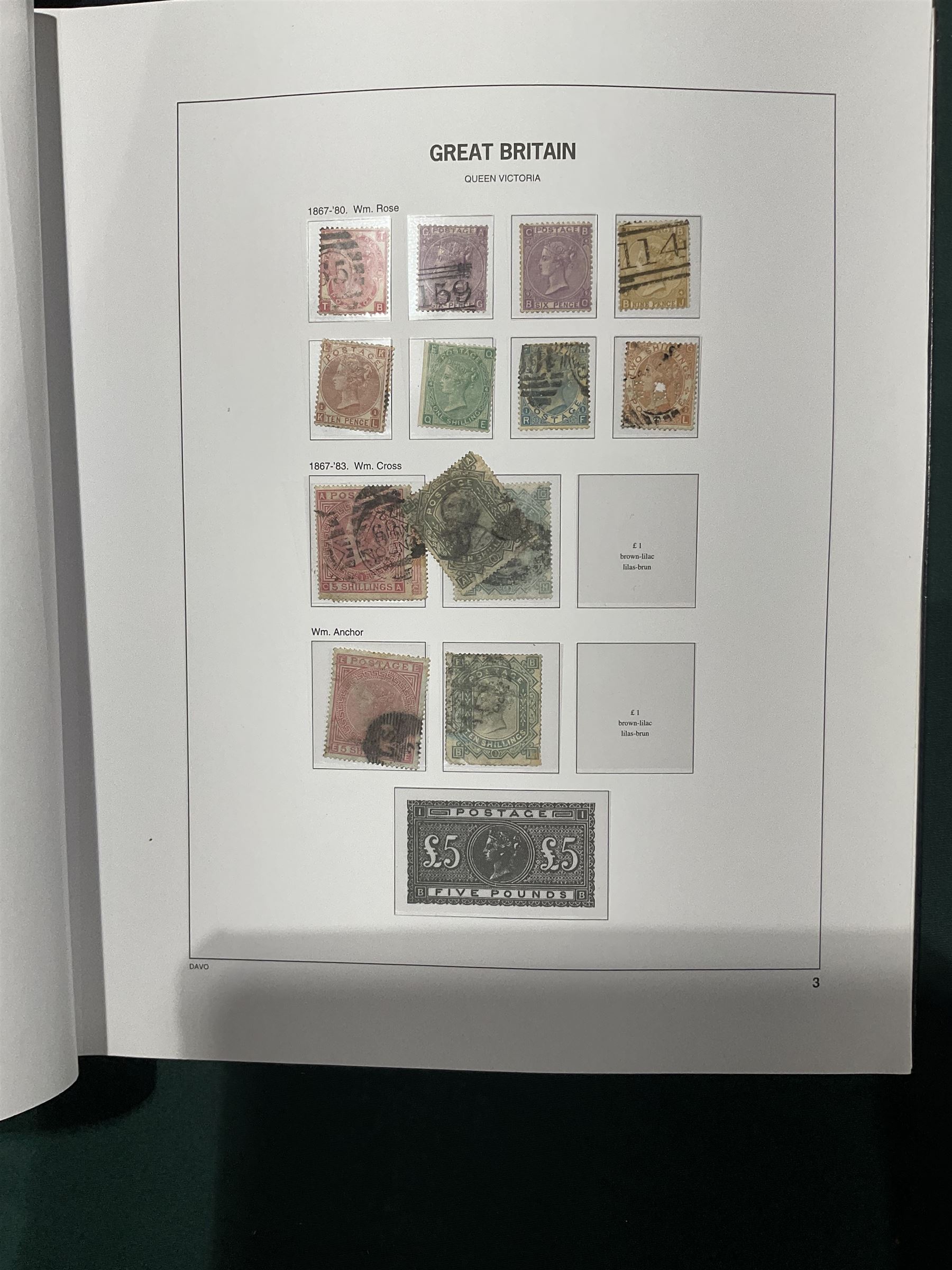 Extensive single album collection of Great British Queen Victoria and later stamps, including QV penny black with three margins, 1840 two pence blue, perf two pence blues with white lines added, QV one pound brown lilac, QV one pound green, King George V seahorses, 1929 Postal Union Congress one pound black, King George VI 1939-48 set of six with ten shillings dark blue, Queen Elizabeth II pre-decimal issues, housed in a Stanley Gibbons Great Britain 2001 album, a well presented collection with few ommissions