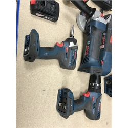A quantity of Bosch Professional power tools including the GSB 18-2LI plus drill, GOP18V V-EC multi tool, GWS 18V-LI angle grinder, GDR 18-Li drill and a GSA 18 V-LI reciprocating saw with carry bag