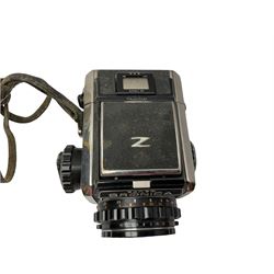 Zenza Bronica S2A medium format camera body, with Nikkor-P '1:2.8 f-75mm' lens, Zenza Bronica Zenzanon MC '1:3.5 f-150mm lens, Zenza Bronica Tele-Converter-E 2x, and two additional film cases. in a Billingham camera bag