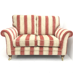 Pair Alstons two seat sofas upholstered in red and beige Henna stripped fabric, W150cm