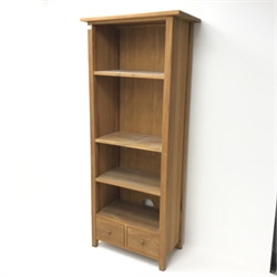  Light oak 6' open bookcase, three adjustable shelves above two drawers, stile supports, W77cm, H181cm, D40cm  