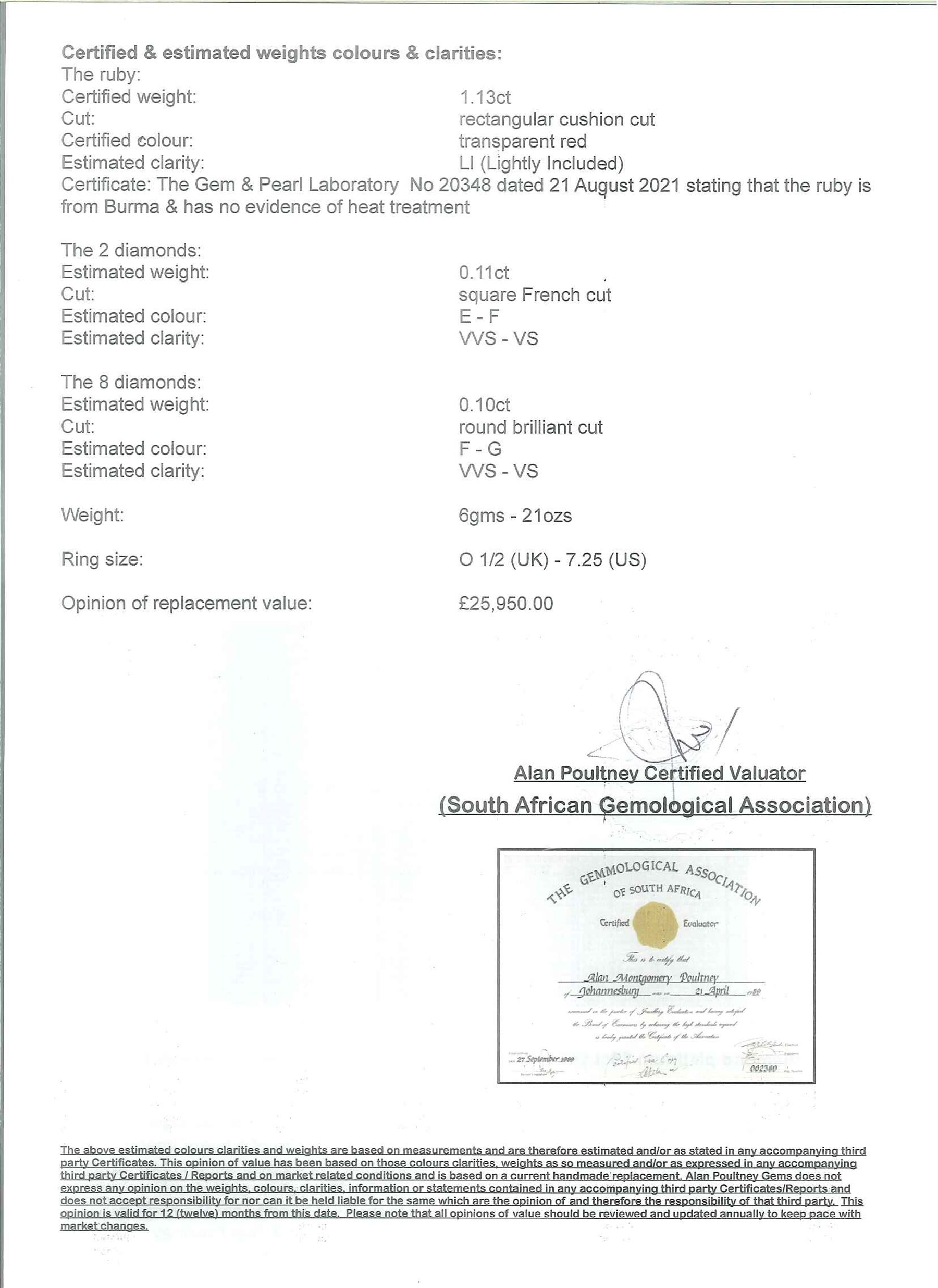 18ct gold and platinum Burmese ruby and diamond ring by Scarab London, single rectangular cushion cut unheated ruby of 1.13 carat, with a single French cut diamond set either side and round brilliant cut diamond surround, in a scrolling foliate design setting, with Alan Poultney Gems report, the ruby with The Gem & Pearl Laboratory report