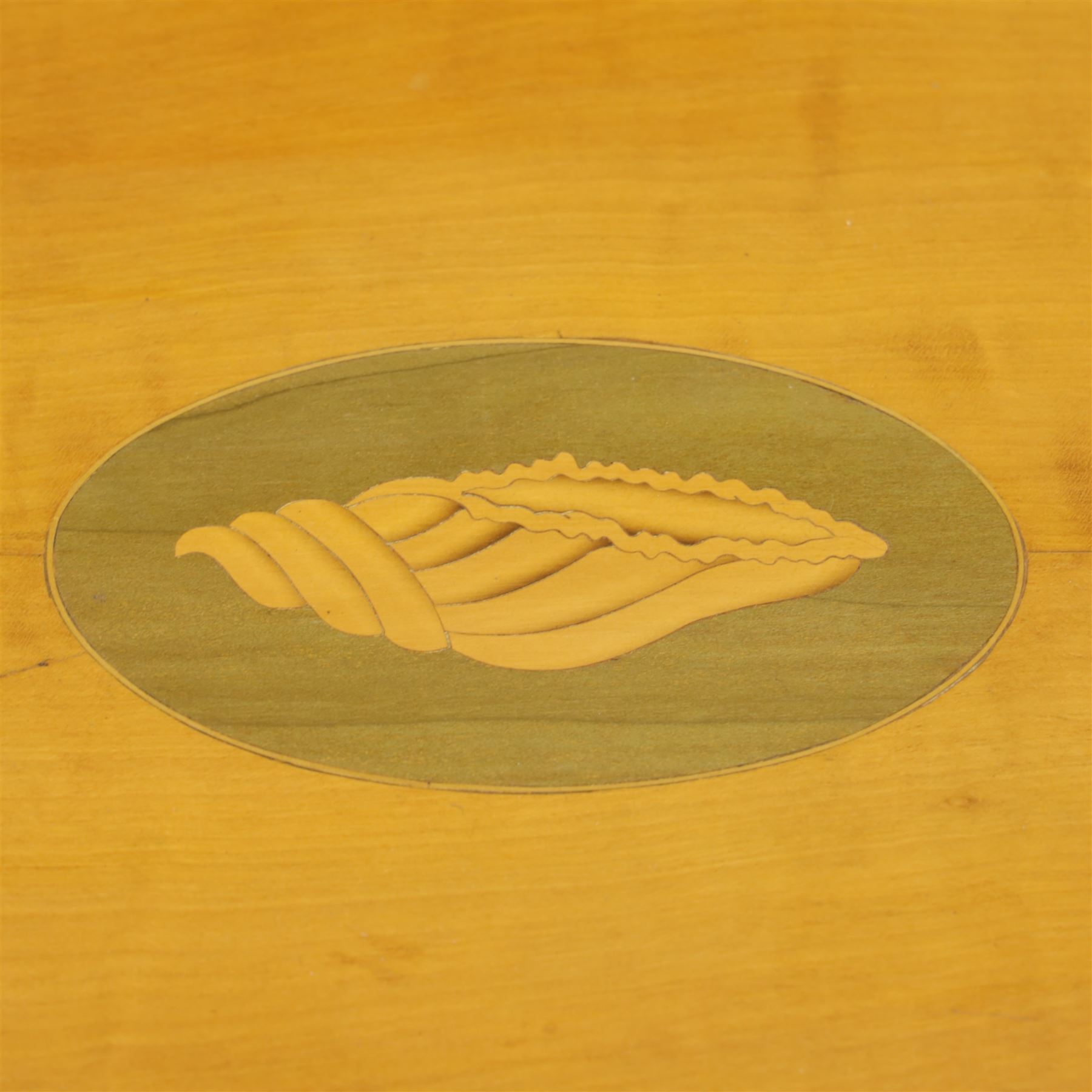 Early 19th century Sheraton revival satinwood oval table, shell motif to the centre bordered by walnut veneer, with inlaid banding, supported on square tapering legs terminating in brass feet