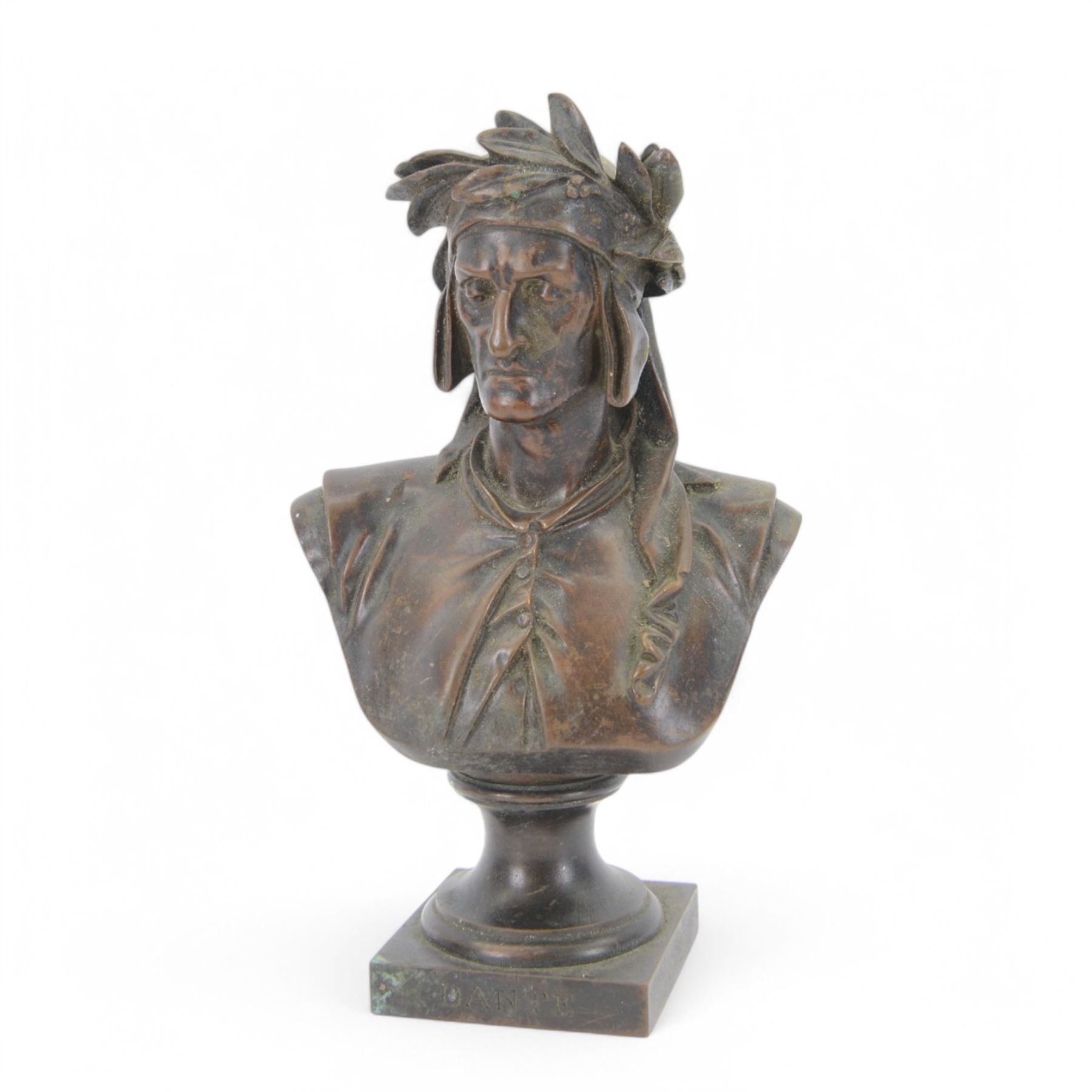 After A. Carrie, bronze bust depicting Dante Aligheri, upon socle and square plinth, signed verso with foundry mark, H22cm