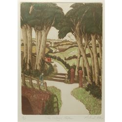 Michael Atkin (Northern Contemporary): 'The Village Postman', limited edition hand coloured etching with aquatint signed titled and numbered 2/60 in pencil, original title label verso 38cm x 28cm
