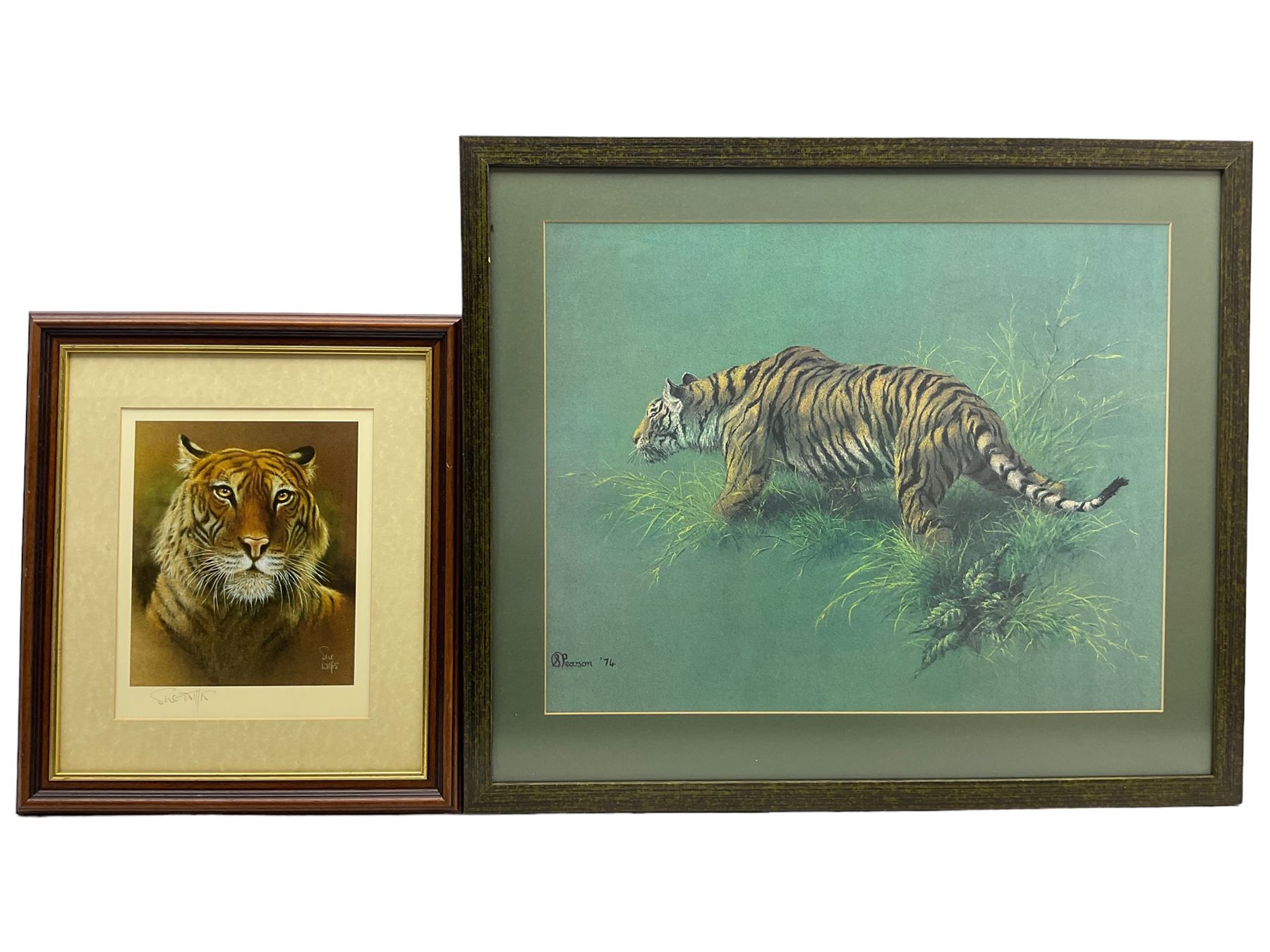 Alan M Hunt (British 1947-): 'Little Princes' - Tiger Cubs, limited edition print signed and numbered 274/450 in pencil 41cm x 56cm; Two Tigers, limited edition monochrome print signed and numbered 593/950 in pencil 20cm x 36cm; together with two further prints of tigers by other artists 23cm x 19cm and 42cm x 53cm (4)
