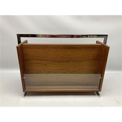 Mid 20th century contemporary teak magazine rack of stylistic rectangular form, with chrome carrying handle and glass side panels, H39cm W50cm D19cm