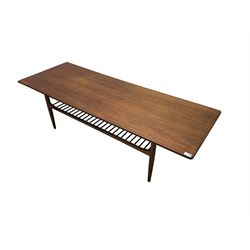 Kofod Larsen for G-Plan - mid-20th century  teak coffee table, rectangular top over spindle slatted undertier, raised on tapering supports 