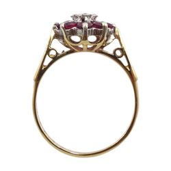 9ct gold ruby and diamond cluster ring, hallmarked