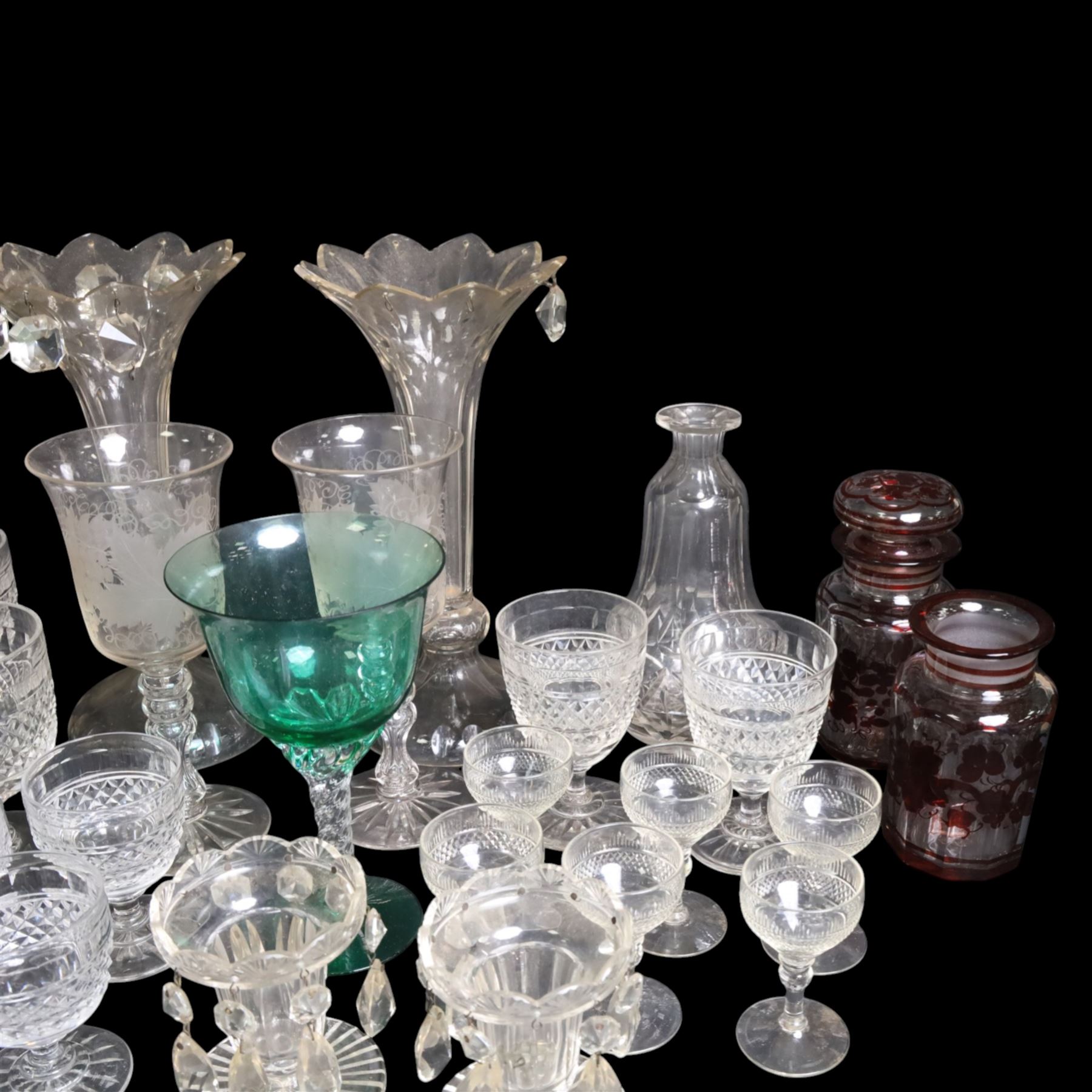 Collection of glassware, including goblets, pair of etched wine glasses, etc