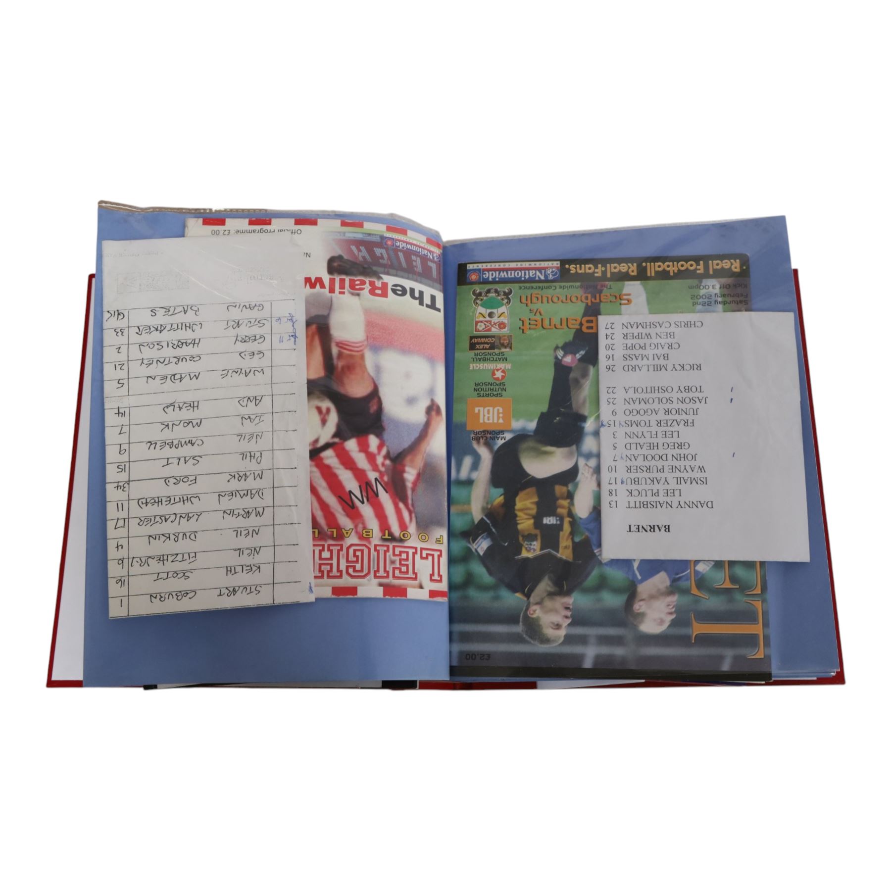 Comprehensive collection of approximately two hundred and twenty Scarborough FC football programmes for the 1999/00, 2000/01, 2001/02 and 2002/03 seasons, all filed within eight dedicated Scarborough FC red Home and Away binders