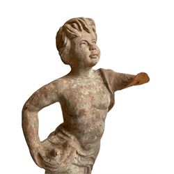 Pair of terracotta garden figures, classically depicted putto draped in linen carrying bird’s nest, on shaped plinth base