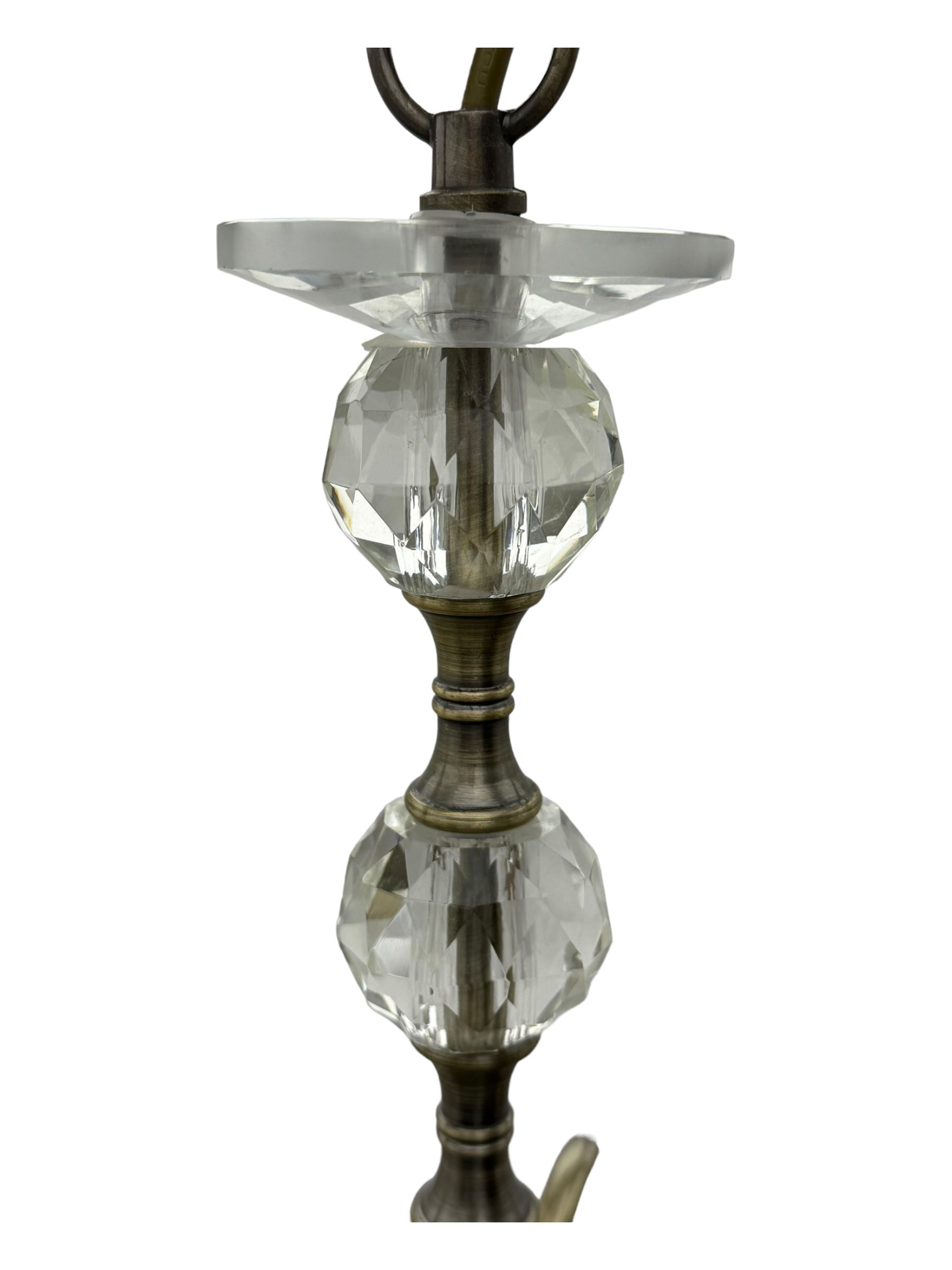 Contemporary five-branch chandelier, brass effect with moulded glass shades; matching pair of wall-mounted two-branch lights (3)