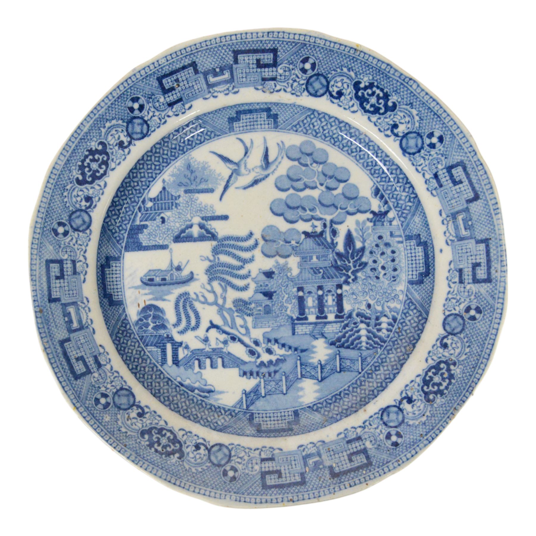 Collection of ten blue and white transfer plates, including two in Italian pattern with floral boarder, together with Willow pattern 