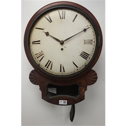  Early 19th century mahogany cased drop dial wall clock, 12'' white Roman dial, single fusee movement, case brackets carved with fans, inlaid with brass, H50cm  