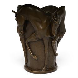 Bronze vase, of tapering cylindrical form, cast with the forms of four prancing horses, signed Milo and with foundry mark, H25cm D19cm