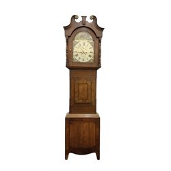 Richardson of Selby - late 19th century oak and mahogany longcase clock c 1860, with a swan necked pediment and brass paterie, break arch hood door flanked by ring turned pilasters,  oak trunk with crossbanding and a small inlaid trunk door, tall plinth with panel inlay with a shaped base,
painted dial with depictions of matching farm animals to the spandrels and a dog and small child to the arch, with Roman numerals, minute track, stamped brass hands, calendar aperture and seconds dial, weight driven rack striking movement, striking the hours on a bell. With weights and pendulum.