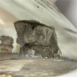 Large Japanese Imari porcelain figure, modelled as a Bijin, wearing a long kimono decorated with apple blossom and leafy branches on a white ground, with gilt detailing, possibly Edo period, H63cm