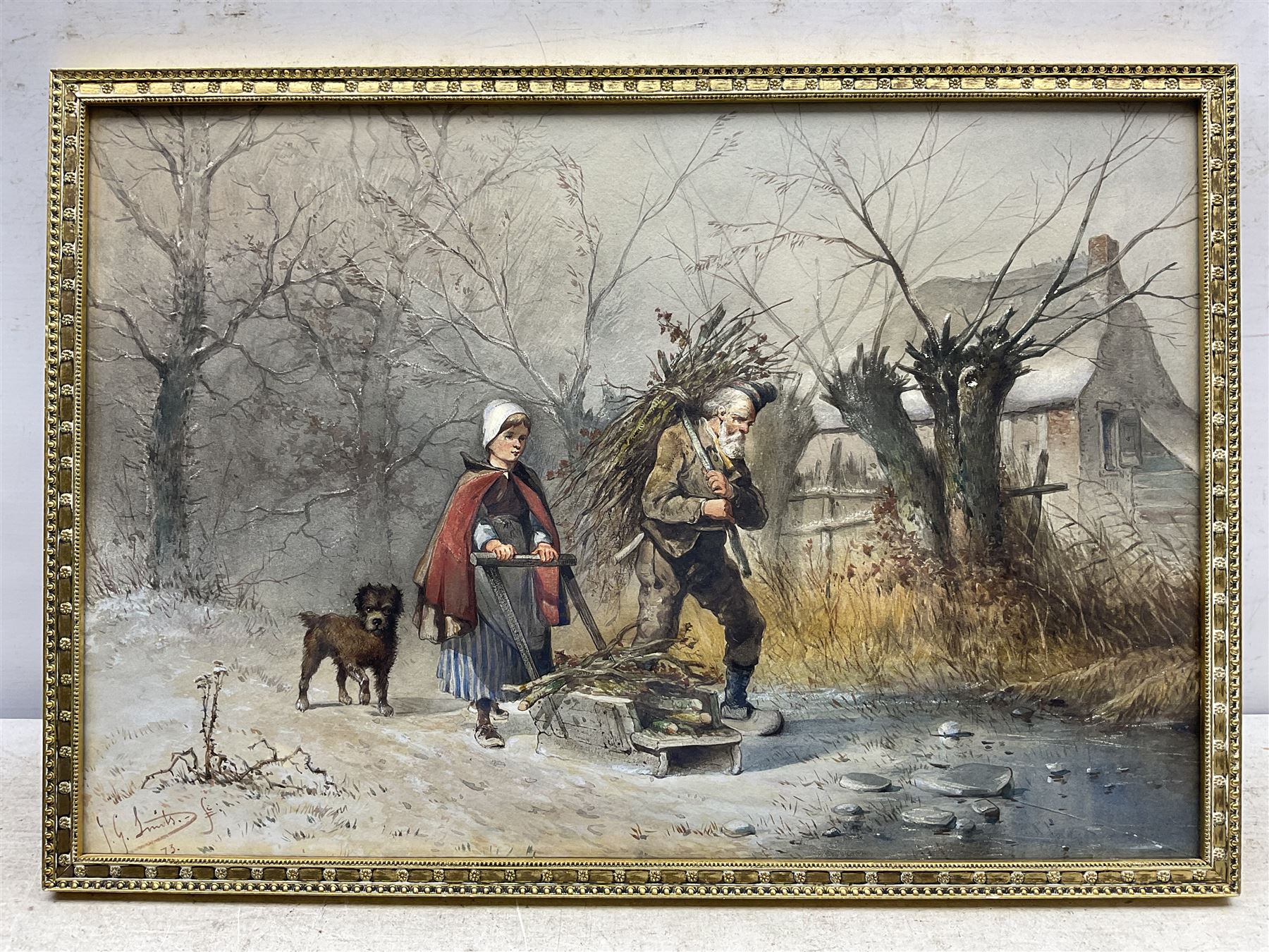 Jan Gerard Smits (Dutch 1823-1910): Collecting Firewood, watercolour signed and dated '73, 34cm x 51cm 