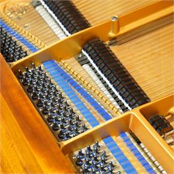 Julius Bluthner-light mahogany overstrung Baby Grand Piano serial No 118183 (1934), with a grand roller action, 88 ivory and ebony keys AO-C7, raised on three square tapered legs with brass castors, adjustable music desk and Lyre with sustain and una-corda pedals, recently (2007) thoroughly restored, case re-finished and polished, action completely overhauled and adjusted with good repetition, frame totally re-strung including copper wound bass strings, new tuning pins, hammer heads, dampers and traditional blue Bluthner string felt, in very good playing condition. With a matching adjustable piano stool fitted with a leather cover. Tuned to concert pitch, A=440.  Complete with key fall lock and key and three castor cups.
This item has been registered for sale under section 10 of the APHA Ivory Act, Reference X76CPCS8