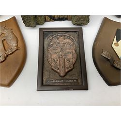 Terry Pratchett Discworld plaques, designed by Clarecraft, comprising 'the First Discworld Event Clarecraft August 95', the collectors guild joining shield, the fools guild DW99C, the seamstresses guild DW98C, the musicians guild DW00C together with 'Door of the mended drum' wall hanging DW17. 