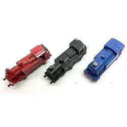 Dinky and other makers - die-cast LNER articulated train with blue locomotive and two coaches; two other die-cast three-car trains; goods train with locomotive and three wagons; six other locomotives; a tender and goods container; all unboxed (21)