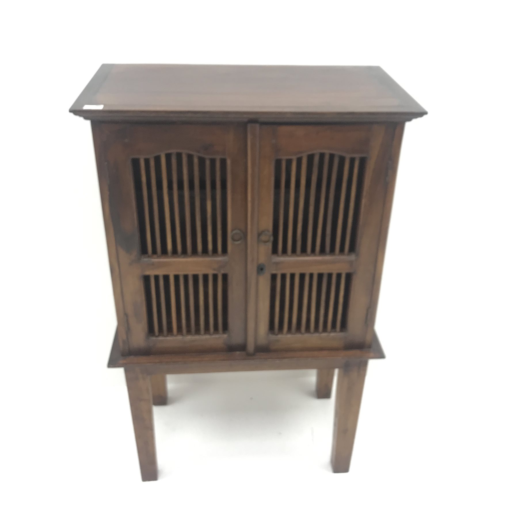 Hardwood cabinet, two doors with spindle panels, square tapering supports, W77cm, H121cm, D43cm