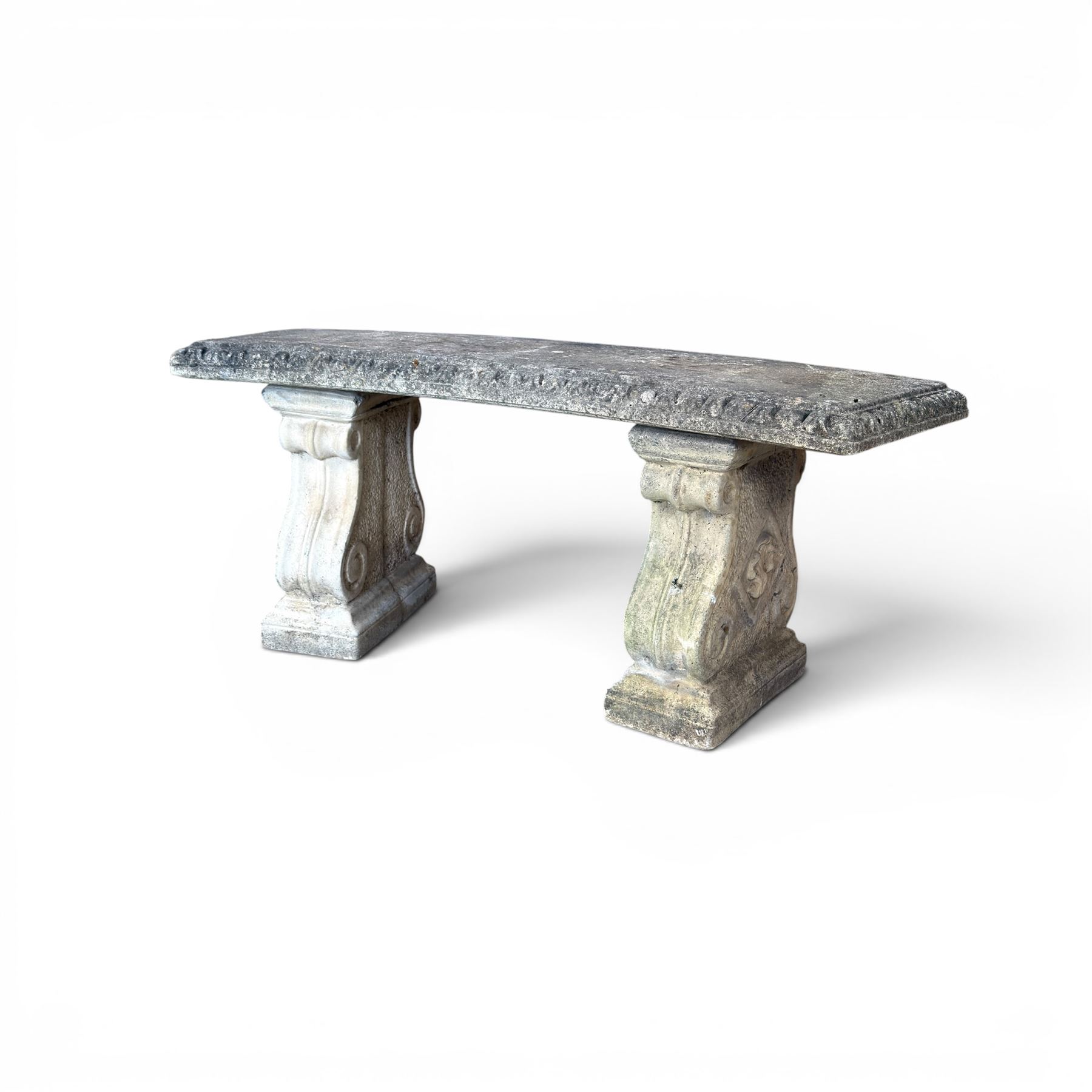 Cast stone three piece garden bench, curved form with detailed top