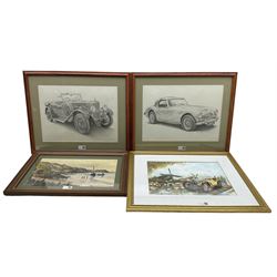 After Frederick Gordon Crosby (British 1885-1943): 'Gordon Bennett Race 1905 and 'Targa Florio 1907', pair colour prints 59cm x 74cm, together with three further racing pictures and a print of Filey (6)